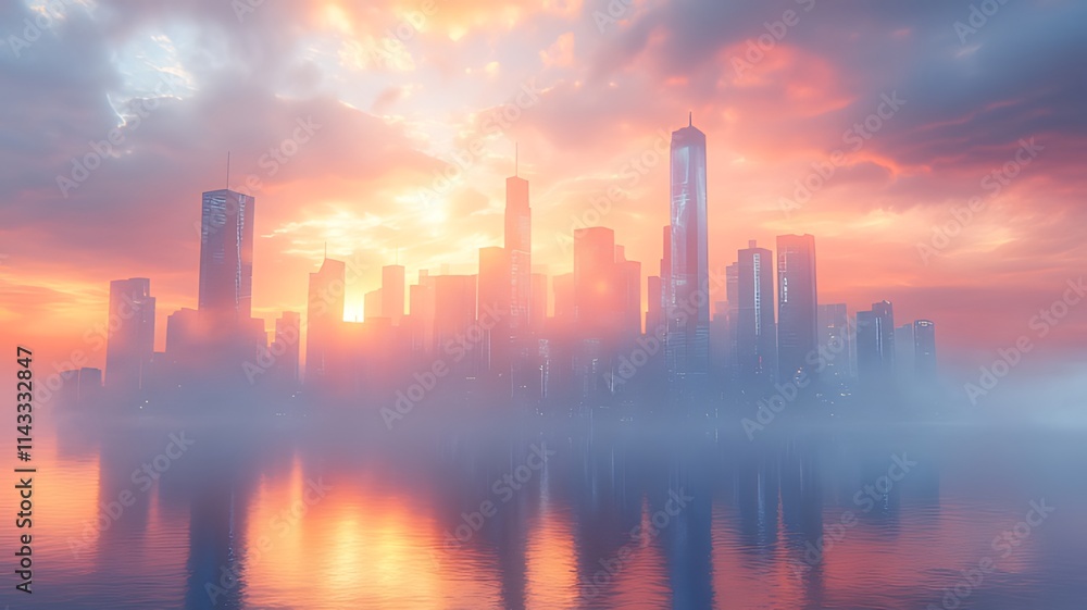 Misty city skyline at sunset, reflecting on calm water. Misty city skyline at sunset, reflecting on calm water.