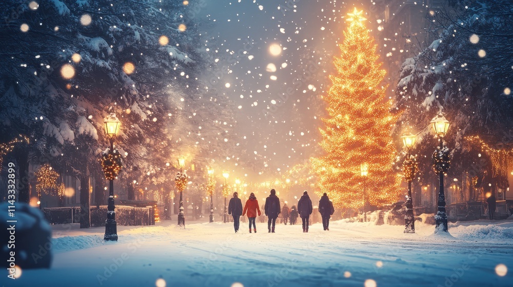 Fototapeta premium Christmas friends outdoore, festive company people, New Year concept, Celebration background, christmas time, festive holidays celebration, winter holidays concept, holiday mood, chrismas symbol