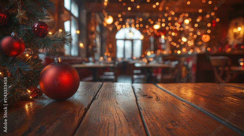 Wooden tabletop with a bokeh background of a restaurant with christmas decorations Wooden tabletop with a bokeh background of a restaurant with christmas decorations