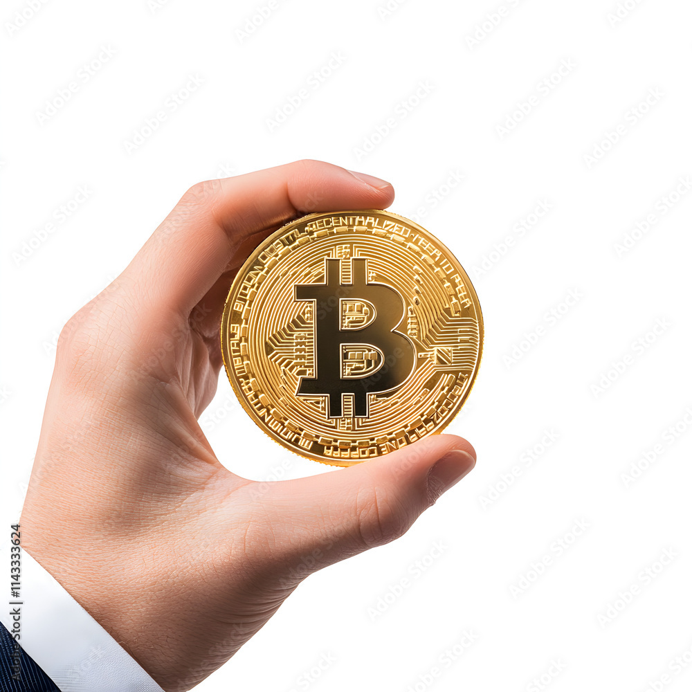 Businessman's hand holding a gold Bitcoin on a white background Businessman's hand holding a gold Bitcoin on a white background