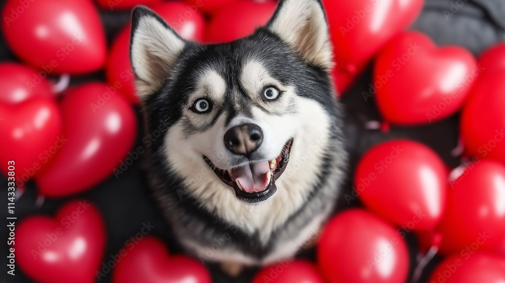 Husky dog surrounded by heart-shaped balloons. Husky dog surrounded by heart-shaped balloons.