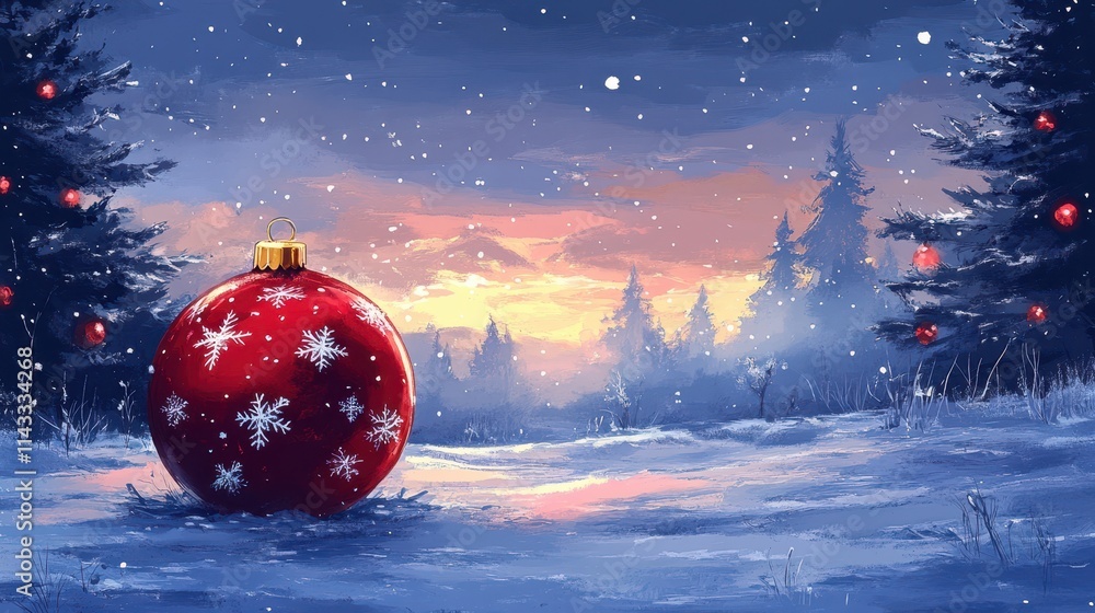 Fototapeta premium Illustration of large chrismas ball with winter landscape.