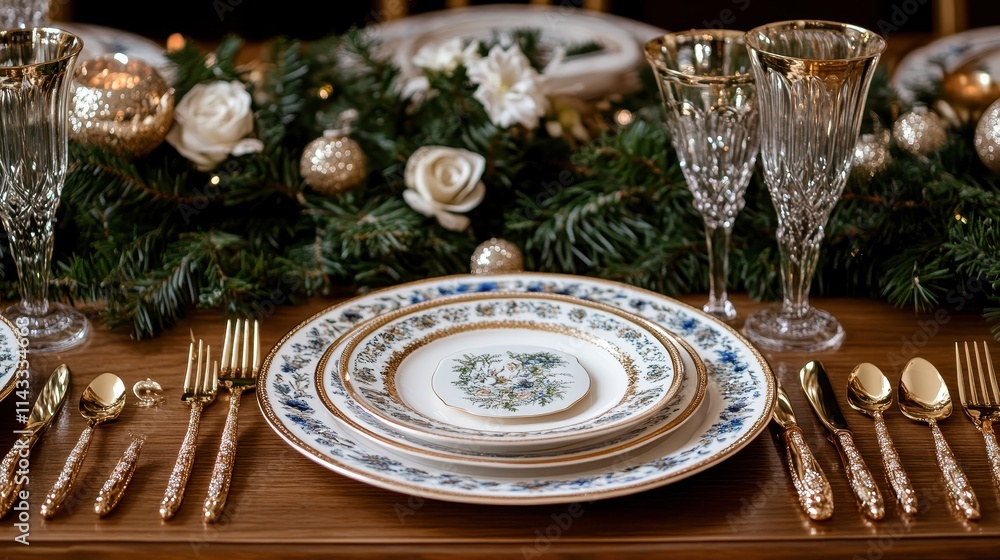 Elegant Holiday Table Setting With Gold Cutlery and Seasonal Decor Elegant Holiday Table Setting With Gold Cutlery and Seasonal Decor
