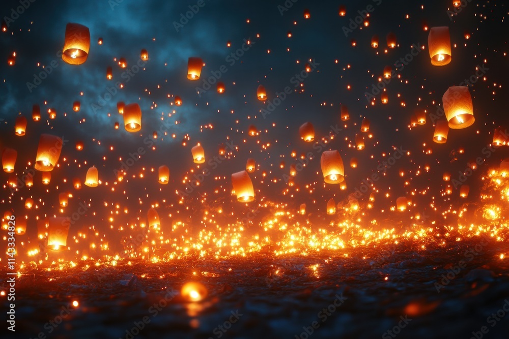 Fototapeta premium Ethereal Sky Filled with Floating Lanterns under Dramatic Night Sky