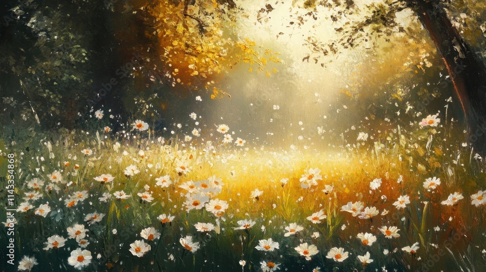 wildflower meadow in spring dew drops on petals and sunlight filtering through trees wildflower meadow in spring dew drops on petals and sunlight filtering through trees
