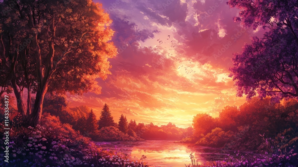 Sunset Over a Tranquil Forest Lake Sunset Over a Tranquil Forest Lake