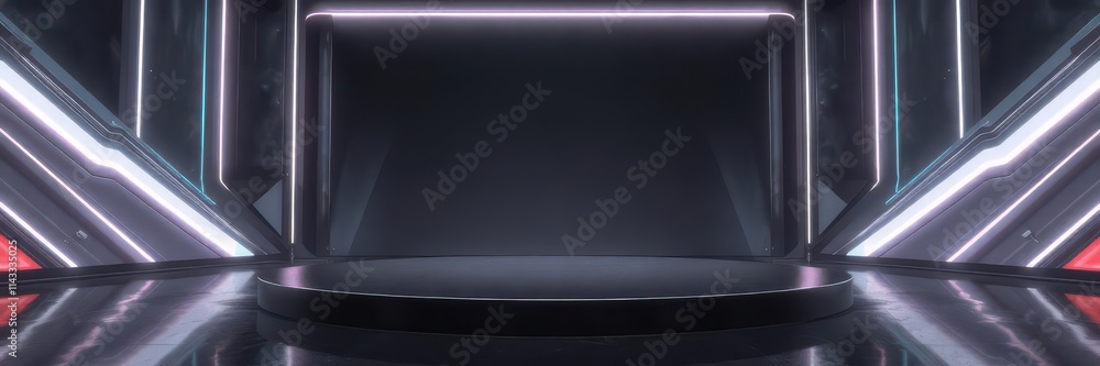 Sleek black podium, glowing futuristic backdrop, reflective surface, illuminated, shiny, 3d Sleek black podium, glowing futuristic backdrop, reflective surface, illuminated, shiny, 3d