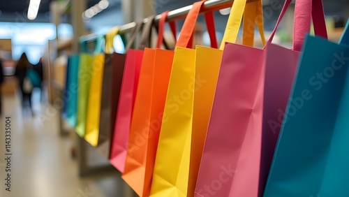 A close-up of reusable shopping bags hanging on a rack in a trendy store photo