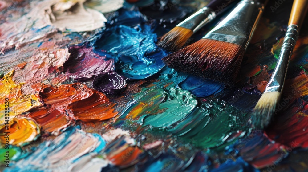 Fototapeta premium painter's palette filled with vibrant oil paints with brushes and mixing traces