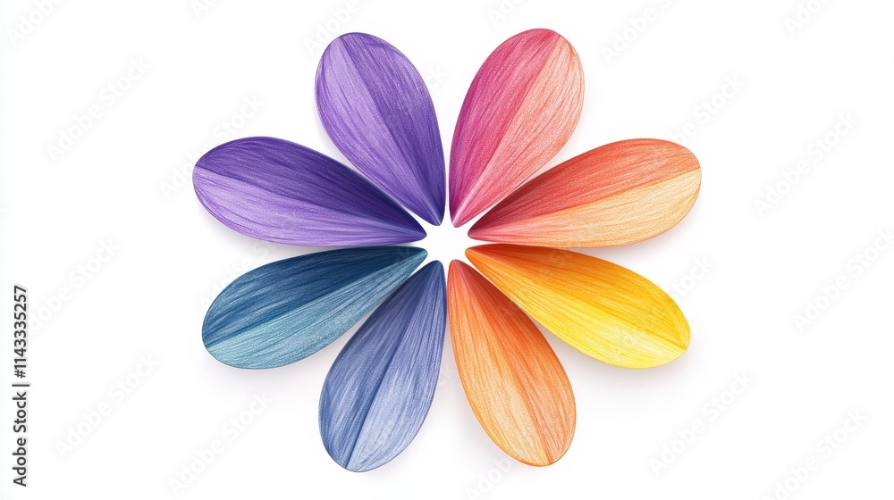 Fototapeta premium Childlike rainbow flower with asymmetrical petals, hand-drawn texture, vivid crayon strokes, designed for kid-themed merchandise and cheerful visual branding