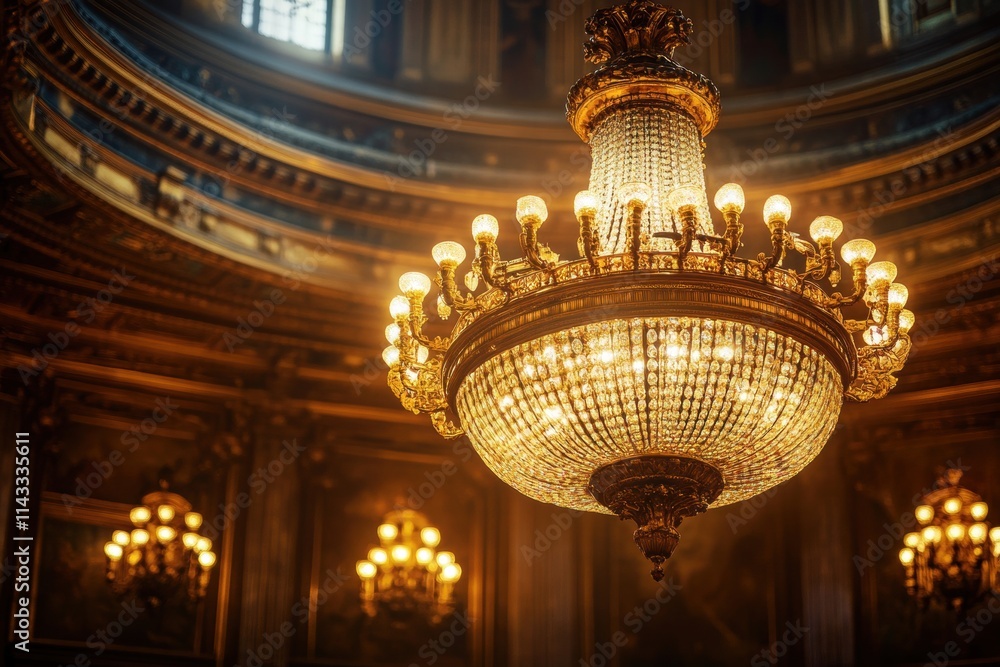 Obraz premium Elegant chandelier in luxurious ballroom with warm lighting effects