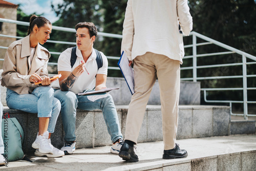 A group of high school students sit on steps outdoors, engaged in solving tasks with the help of a professor. The scene captures academic collaboration and learning in a relaxed outdoor environment.