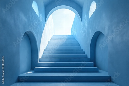 Serene Blue Staircase Leading to Bright Light in Minimalist Architecture