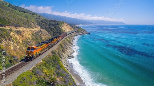 Coast daylight train running along pacific coast highway in california