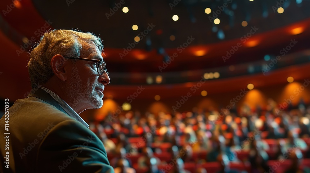 Fototapeta premium Senior politician giving speech at conference in auditorium with large audience