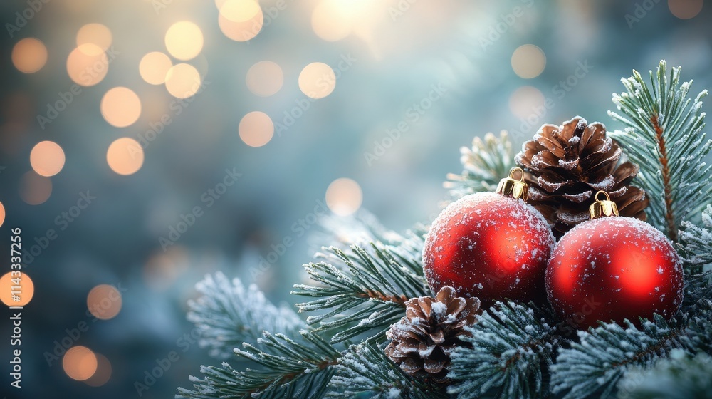 Obraz premium Christmas background with red baubles, pine cones and bokeh. Beautiful christmas card.