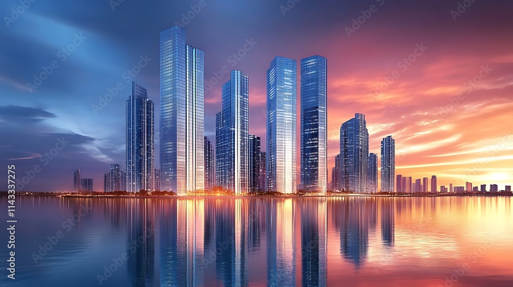 Modern City Skyline Reflecting in Calm Water at Sunset Modern City Skyline Reflecting in Calm Water at Sunset