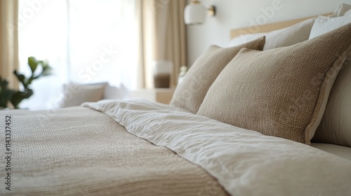 Close-up of a relaxing bedroom with natural linen textured bedding on the bed. The muted, neutral colors enhance the tranquil and sophisticated aesthetic of the space