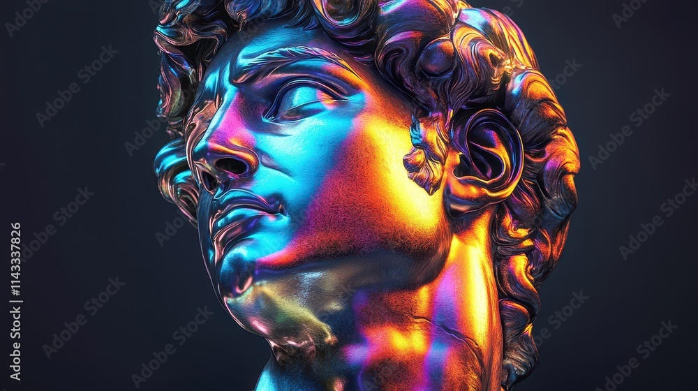 Head of statue, David sculpture bust, made of liquid iridescent rainbow fluid metal. Trendy Y2K style element for design. Generative Ai. Head of statue, David sculpture bust, made of liquid iridescent rainbow fluid metal. Trendy Y2K style element for design. Generative Ai.