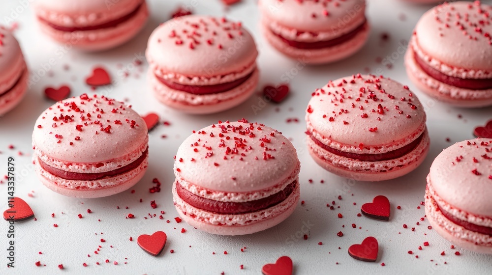 Fototapeta premium Valentine’s macarons: Vibrant macarons in shades of red and pink, arranged with love-themed decor on a clean white surface.