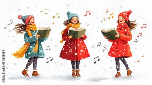 Cheerful winter singers with songbooks surrounded by musical notes celebrate the season in this festive caroling illustration on a white background. photo