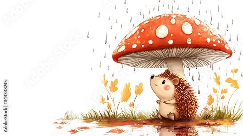 cartoon hedgehog sitting under a large red mushroom in the rain, surrounded by gentle puddles and falling raindrops