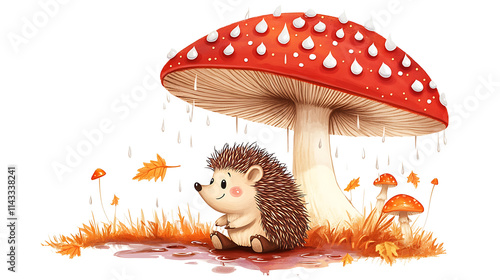 cartoon hedgehog sitting under a large red mushroom in the rain, surrounded by gentle puddles and falling raindrops