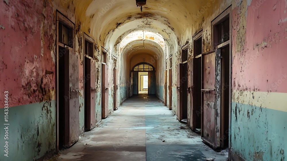 Abandoned Hospital Corridor, Empty and Decaying. Concept of History, Isolation, and the Past. Abandoned Hospital Corridor, Empty and Decaying. Concept of History, Isolation, and the Past.