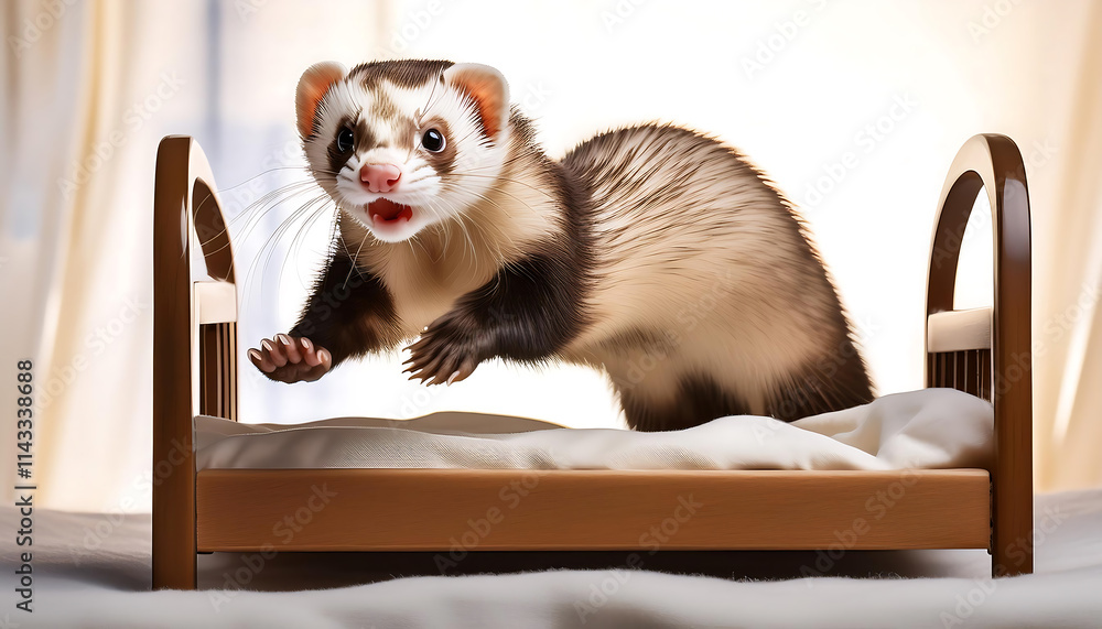 Playful Ferret Bouncing Joyfully Off a Cozy Bed Playful Ferret Bouncing Joyfully Off a Cozy Bed