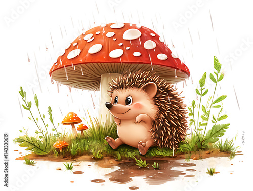 cartoon hedgehog enjoying the rain under a spotted mushroom, surrounded by small plants and puddles, white background 