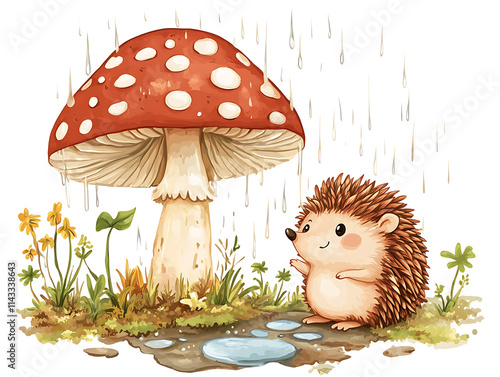 cartoon hedgehog enjoying the rain under a spotted mushroom, surrounded by small plants and puddles, white background 