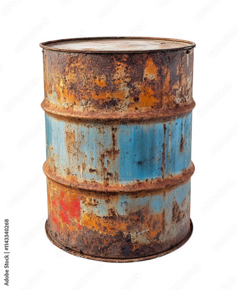 a rusty. metal barrel with blue and red paint. isolated on a transparent background a rusty. metal barrel with blue and red paint. isolated on a transparent background