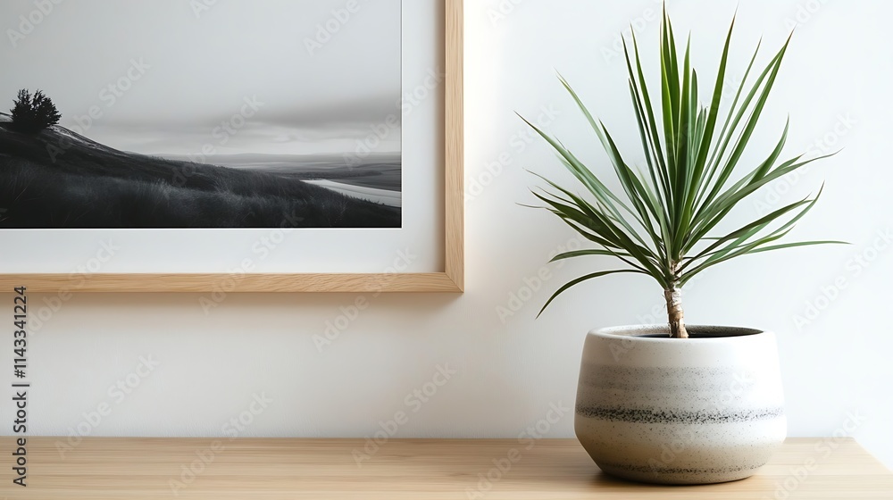 Stylish Nordic Wall Art with Potted Plant in Minimalist Interior Stylish Nordic Wall Art with Potted Plant in Minimalist Interior