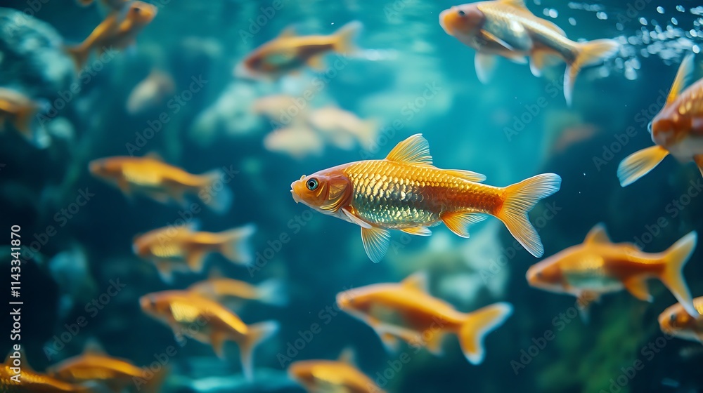 Fototapeta premium School of Goldfish in Aquarium. Concept of aquatic life, peaceful, and vibrant.