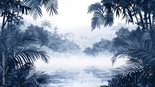 Misty Tropical Forest with Evaporation from Leaves in Serene Landscape Scene photo