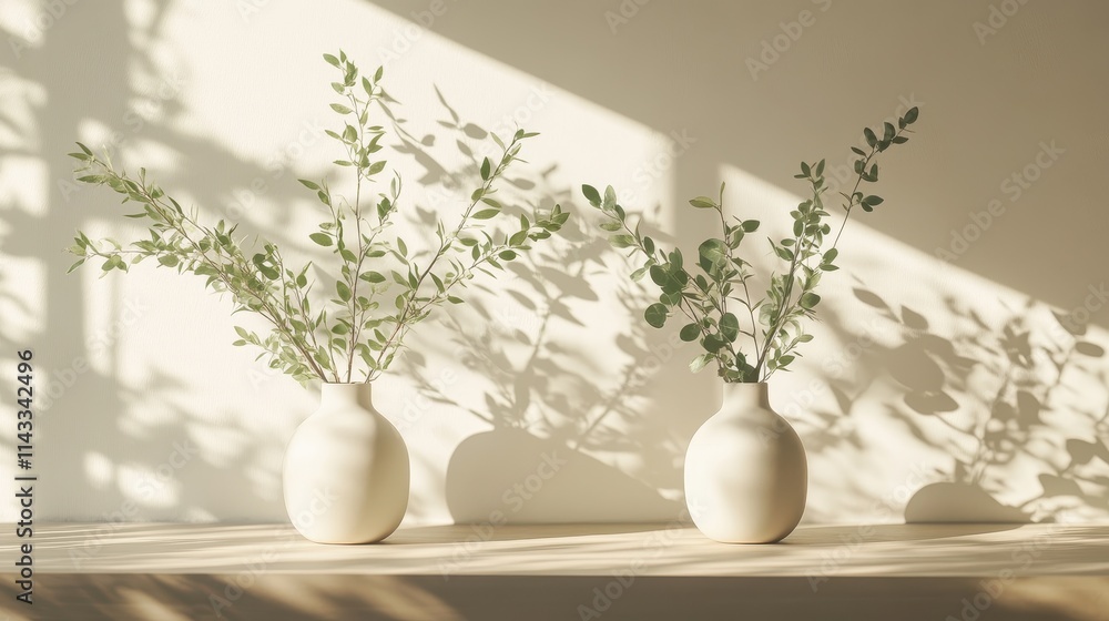 Three minimalist vases with greenery displayed on a shelf in soft afternoon light Three minimalist vases with greenery displayed on a shelf in soft afternoon light