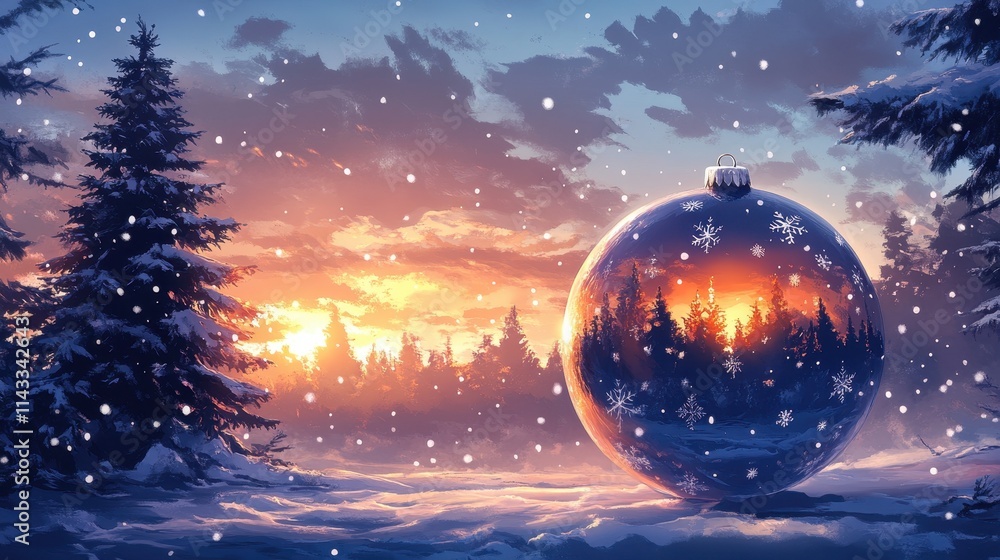 Fototapeta premium Illustration of large chrismas ball with winter landscape.