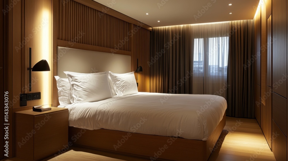 Modern bedroom with wooden nightstand and white bedding Modern bedroom with wooden nightstand and white bedding