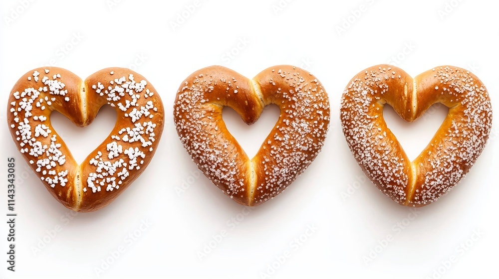 Freshly baked golden pretzels, placed uniformly in a row, realistic details of their texture and salt grains, on a pure white backdrop Freshly baked golden pretzels, placed uniformly in a row, realistic details of their texture and salt grains, on a pure white backdrop