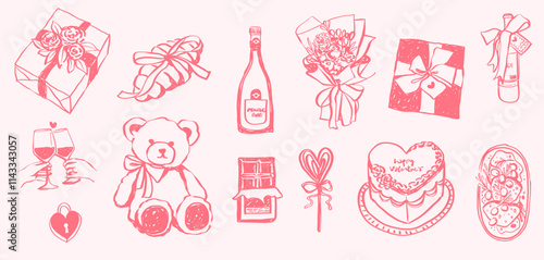 Set Hand Drawn Valentines Day Clip Art Love Heart Doodle Romantic Dinner for Couple Valentine Retro Vintage  Background 