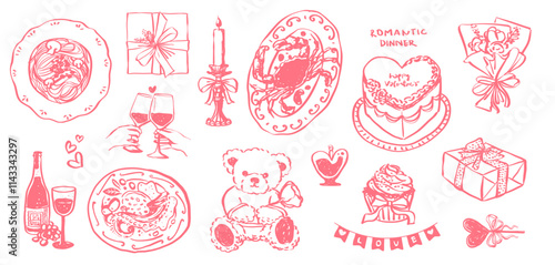 Set Hand Drawn Valentines Day Clip Art Love Heart Doodle Romantic Dinner for Couple Valentine Retro Vintage  Background 