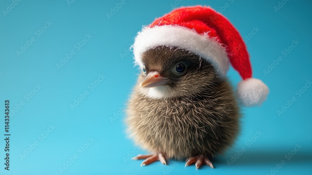 Cute kiwi bird wearing red Christmas Santa hat, blue background Cute kiwi bird wearing red Christmas Santa hat, blue background
