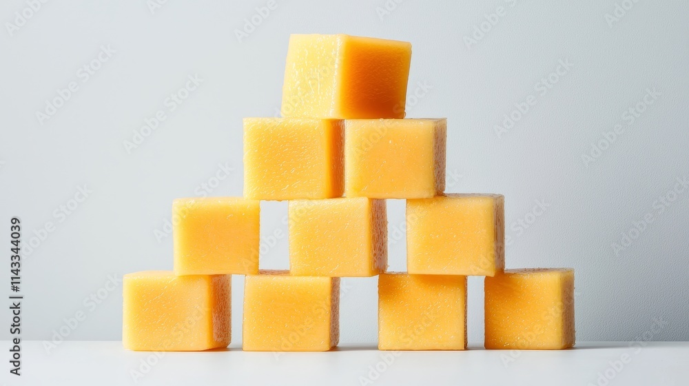 Fresh mango cubes stacked in a geometric pattern, glowing with natural vibrancy, isolated on a pristine white surface, exuding tropical energy Fresh mango cubes stacked in a geometric pattern, glowing with natural vibrancy, isolated on a pristine white surface, exuding tropical energy