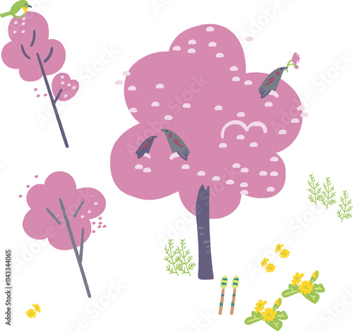 かわいくデフォルメされた桜と鳥たち　セットのストックイラスト素材
