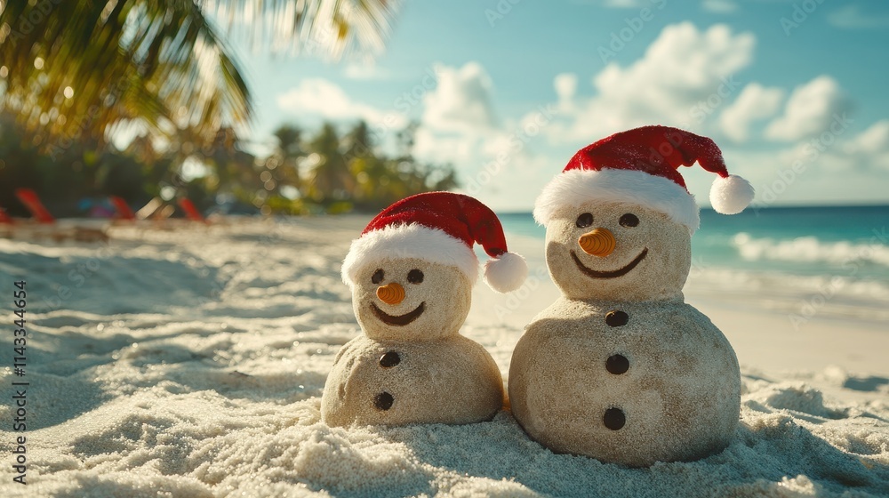Charming sand snowmen with Santa hats on a tropical beach. A playful Christmas scene blending holiday cheer with a sunny beach setting, creating a unique festive atmosphere Charming sand snowmen with Santa hats on a tropical beach. A playful Christmas scene blending holiday cheer with a sunny beach setting, creating a unique festive atmosphere