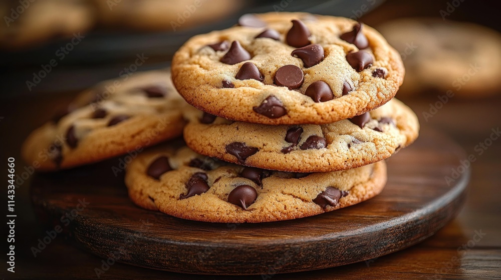 close up shot of chocolate chip cookies on rustic wooden table close up shot of chocolate chip cookies on rustic wooden table