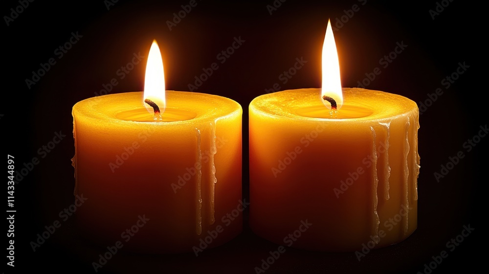 Two glowing candles illuminate the darkness, casting a warm, serene light. Two glowing candles illuminate the darkness, casting a warm, serene light.