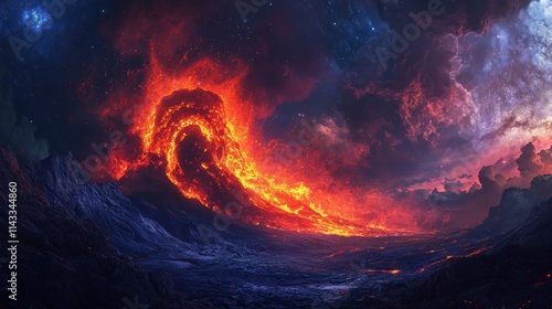 Fiery Cosmic Wave Crashing on a Volcanic Landscape