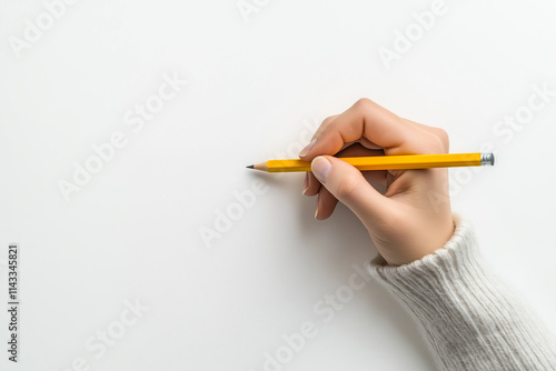 Close-up of hands writing with a yellow pencil on a white background, top view. Minimalist style.