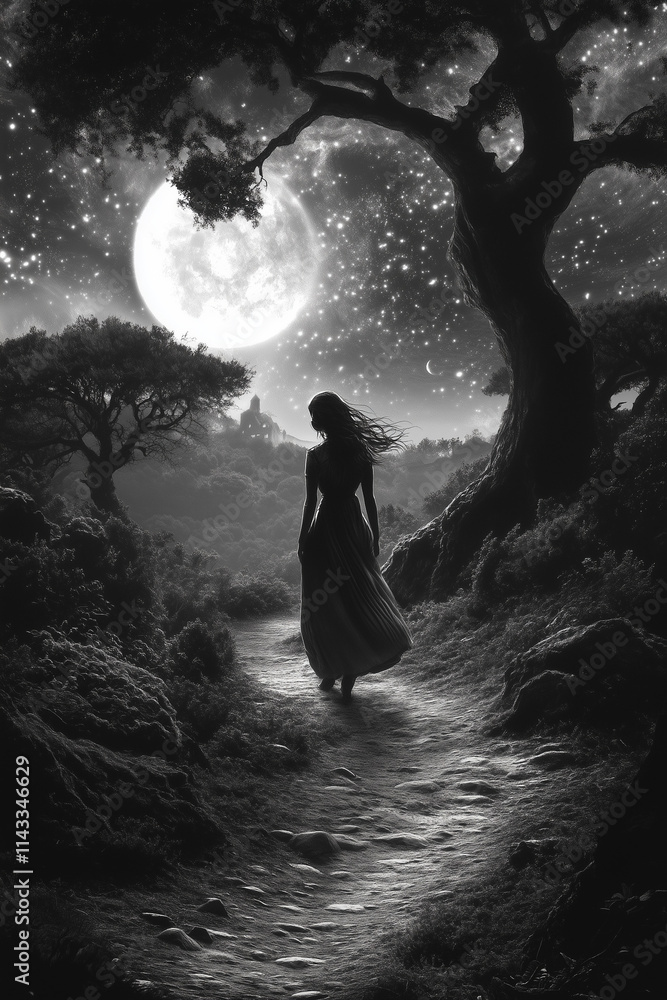 Fototapeta premium woman wearing modern clothes and walking on path alone surrounded by forest with large trees, evening with moon and stars in sky above